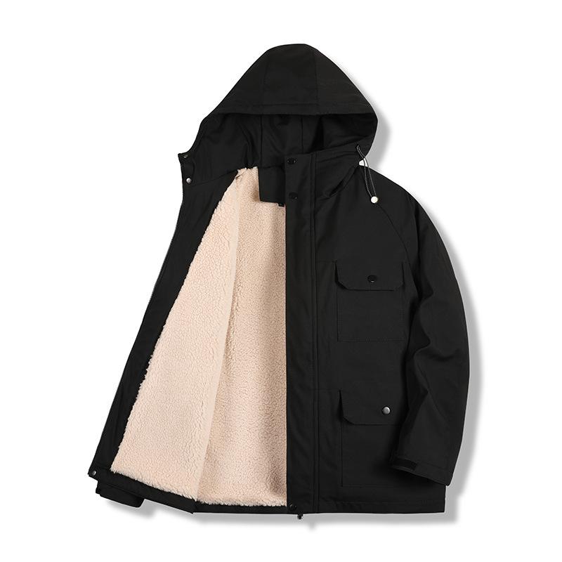 

Осенне-зимняя толстая флисовая ветровка, мужская куртка с капюшоном и воротником-стойкой, ветрозащитная, из овечьей шерсти, теплая, мужская ветровка с несколькими карманами M чёрный