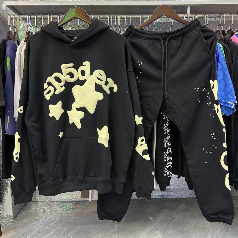 Sp5der Star Spider Foamed Letter Print Fleece Lined Hoodie Pants Set Teens Casual Streetwear Outfit
