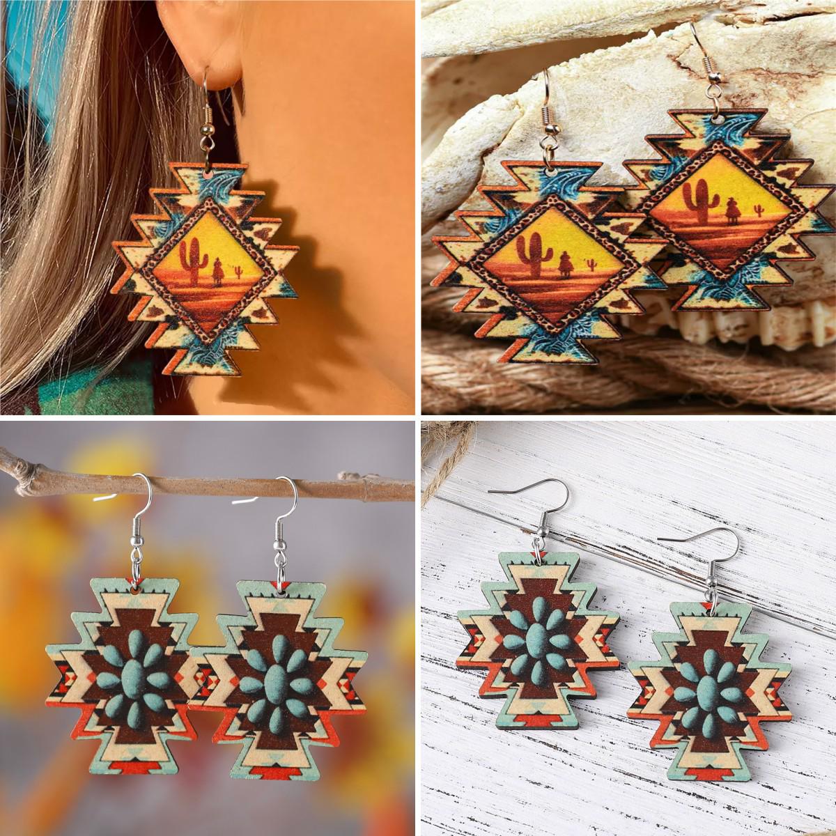 

Retro Western Turquoise Bull Head & Cactus Leopard Print Geometric Wooden Earrings