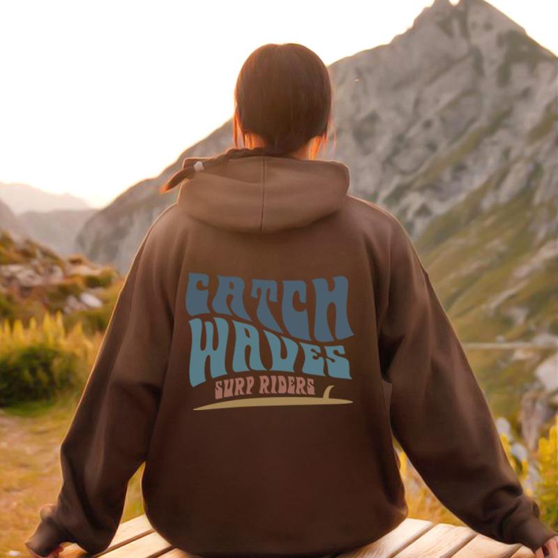 Chtch Waves Surp Riderseuropean And American New Style Letter Printing Fashion Hooded Back Collar Plus Velvet Sweater Women