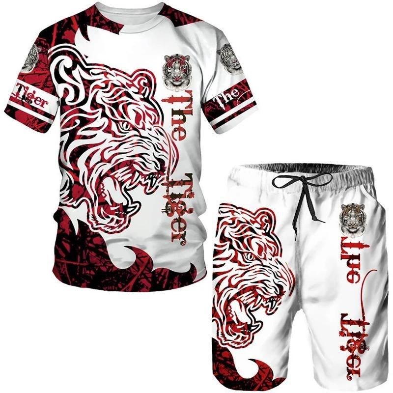 

New Men s Sportswear Set O-neck T-shirt Setwith Summer Animal Pattern T-shirt Set 3D Printed Animal Short Sleeve Two-piece Set 6XL