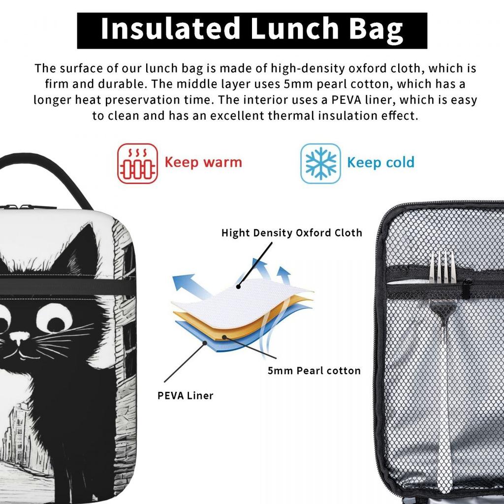 Vintage Black Cat And European Street Scene Insulated Lunch Bag for Women Children Leakproof Food Boxes Thermal Lunch Box Tote