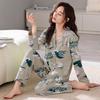 Middle-Aged Mom Long Sleeve Pajamas - Green Plant Series Cardigan, Loose Plus Size Home Set for Women, Spring/Autumn.