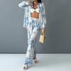 Women's Loose Fit Two Piece Matching Set Long Sleeve Collar Shirt Elastic Waist Wide Leg Pants