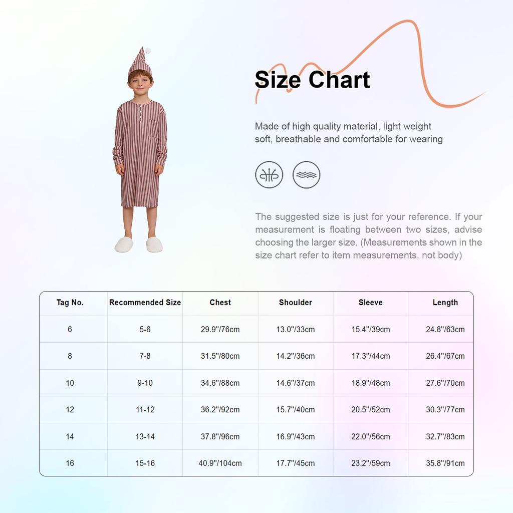 Boys Striped Soft Pajama Set Long Sleeve Loose Sleep Robe Nightgown with Adjustable Sleeping Cap Homewear for Christmas Xmas