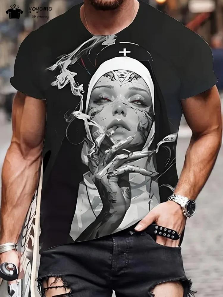 Men's  with Smoking Nun 3D Graphic T-Shirt Black Casual Summer Tee Short Sleeves Polyester  Streetwear T-Shirts Vintage Clothing