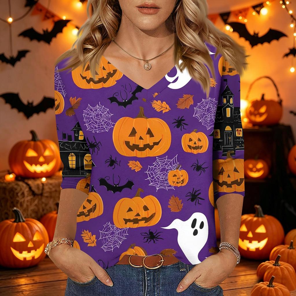 Womens Casual Halloween Print V Neck Three Quarter Sleeve Top Lightweight Stretchy Blouse for Fall Seasonal Wear