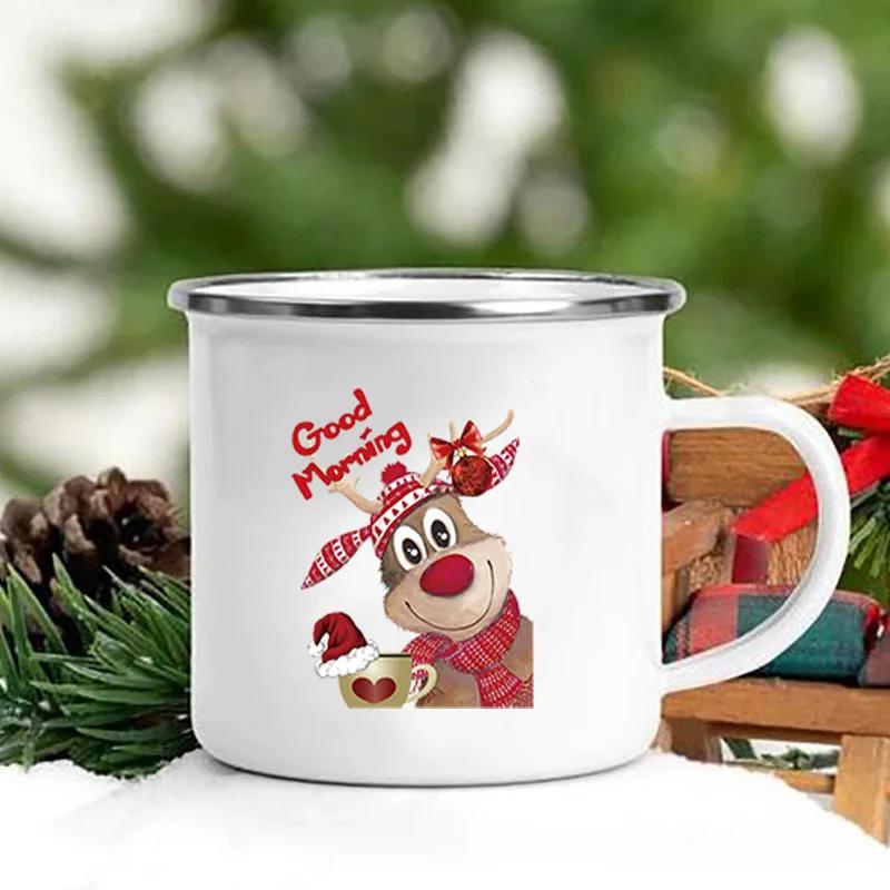 Merry Christmas Print Creative Enamel Coffee Tea Wine Drink Mug Dessert Hot Cocoa Milk Cup Cake Mugs Handle Drinkware Xmas Gifts