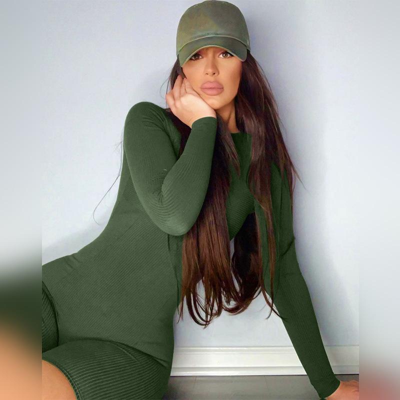 Sommer Basic Solid Overall für Frauen Crop Skinny Shorts Langarm Bodysuit