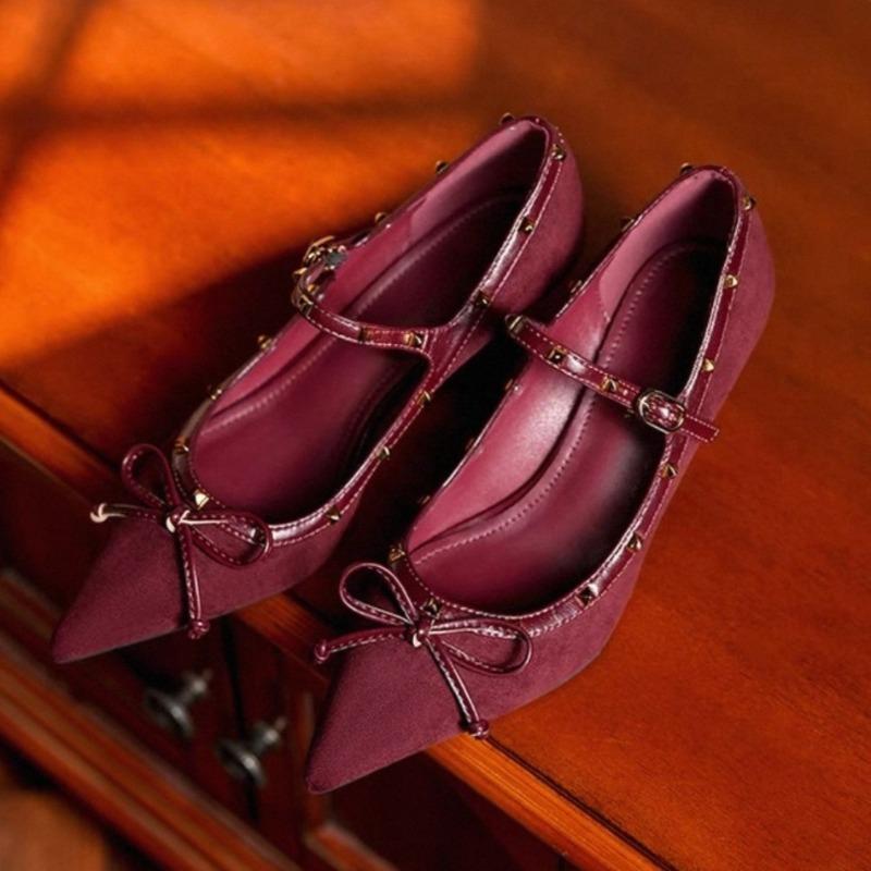 Studded One Strap Shaped Heel Single Shoes Women's Fashion Pointed Toe Shallow Suede Bow Non-Slip Mid-heel Shoes