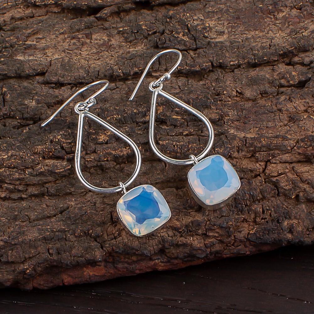 Milky Opal Gemstone 925 Sterling Silver Handmade Jewelry Dangle Earrings 1.90" EE-7-14