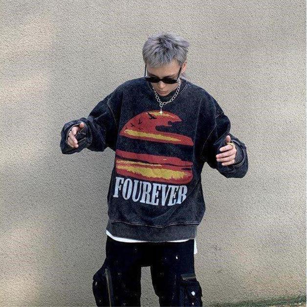 Vintage Distressed Sweatshirts Fleece Women Hip Hop Streetwear O-Neck Loose Long Sleeve Print Graphic Hoodie Autumn Winter