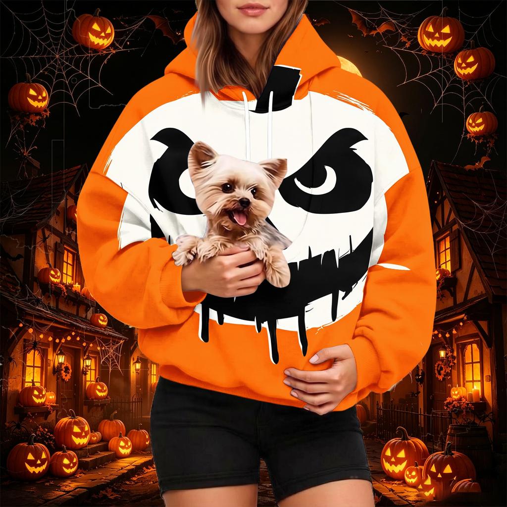 Damenmode Halloween-Print Hoodie mit Haustier-Tasche, Lässiger Pullover Sweatshirt