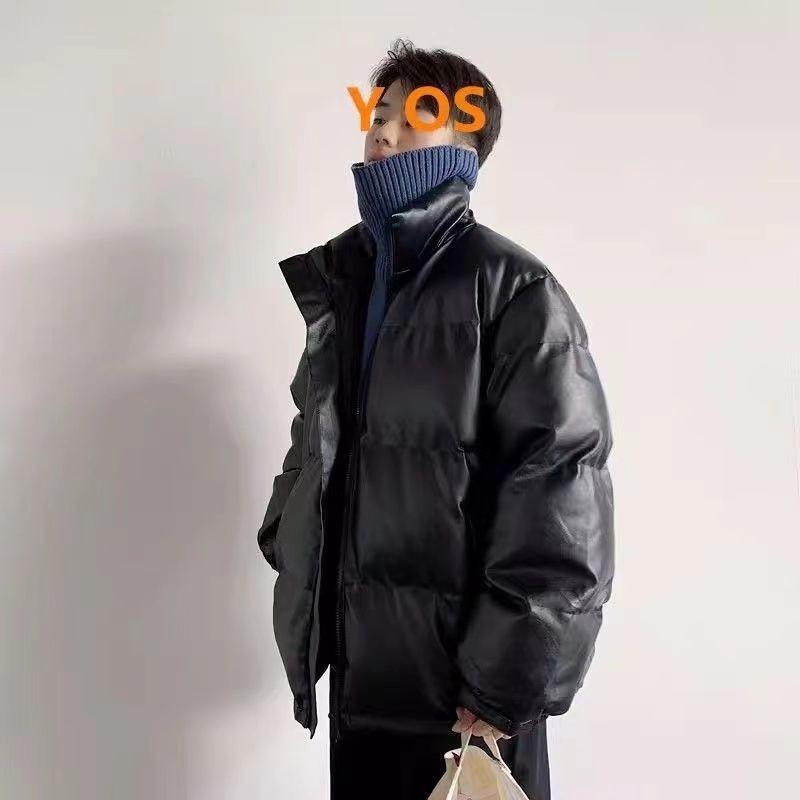 Mens Winter Cotton Puffer Jacket Loose Fit Stand Collar Warm Thick Casual Coat Solid Color
