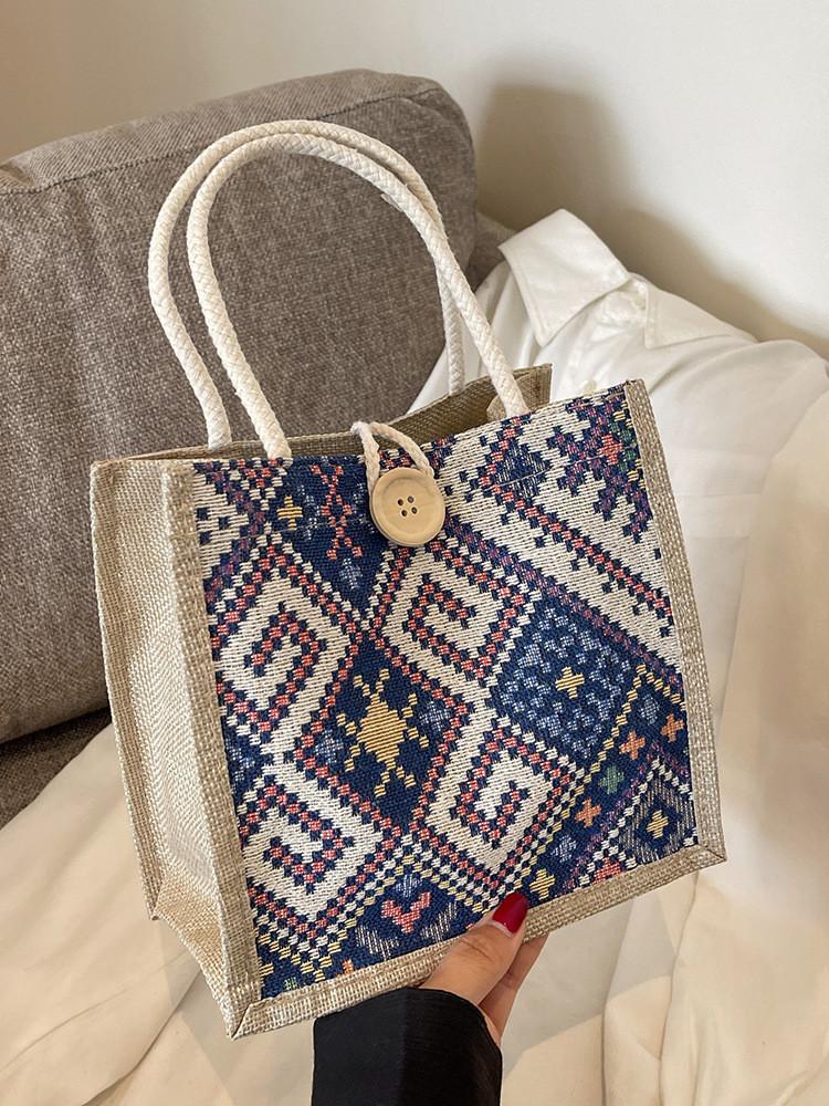 Fashionable Ethnic Style Canvas Bag For Women Small Square Bag With Button Closure