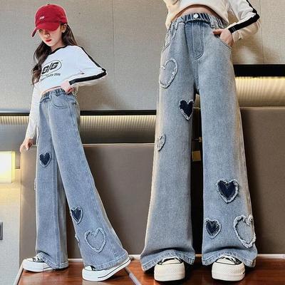 Jeans Bambina Pantaloni a Gamba Larga Bambini Pantaloni Larghi Pantaloni Dritti in Denim per Bambini Primavera Autunno