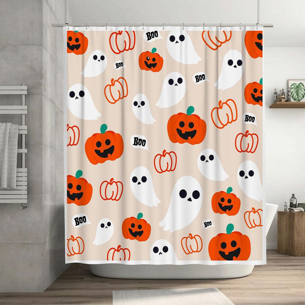Halloween-themed Shower Curtain with Cute Pumpkin Ghost Designs for Bathroom Decor Orange, White, Black Color Scheme (size Custo