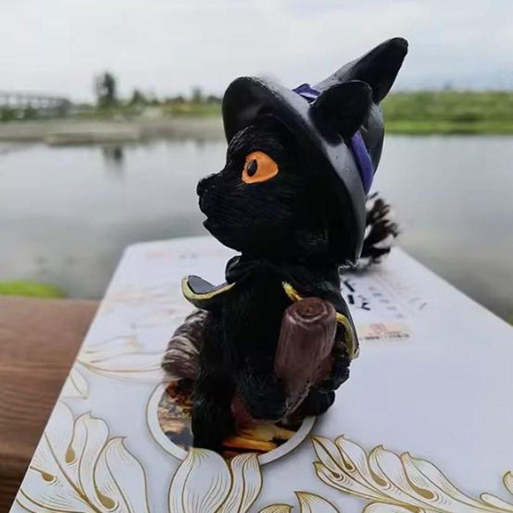Decorative Flying Broom Cat Small Broomstick Cat Creative Black Cat Witch Statue  Desktop