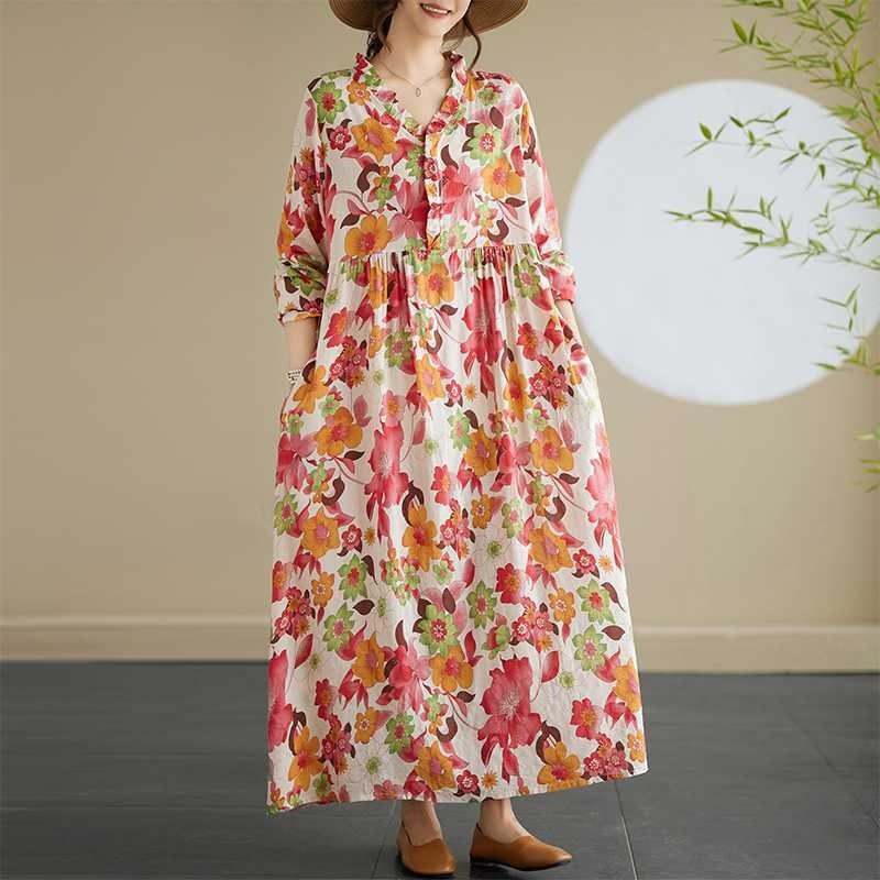 New Printed Loose Lace Long Sleeve Swing Long Dress