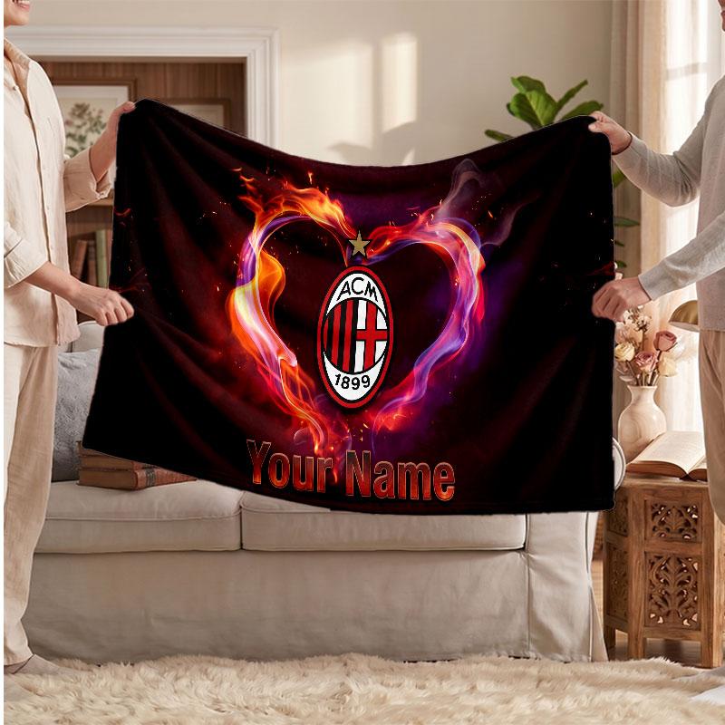 AC Mailand Personalisierte Fleecedecke Mit Fußballlogo, Individueller Name Text Weich Warm Home Überwurfdecke