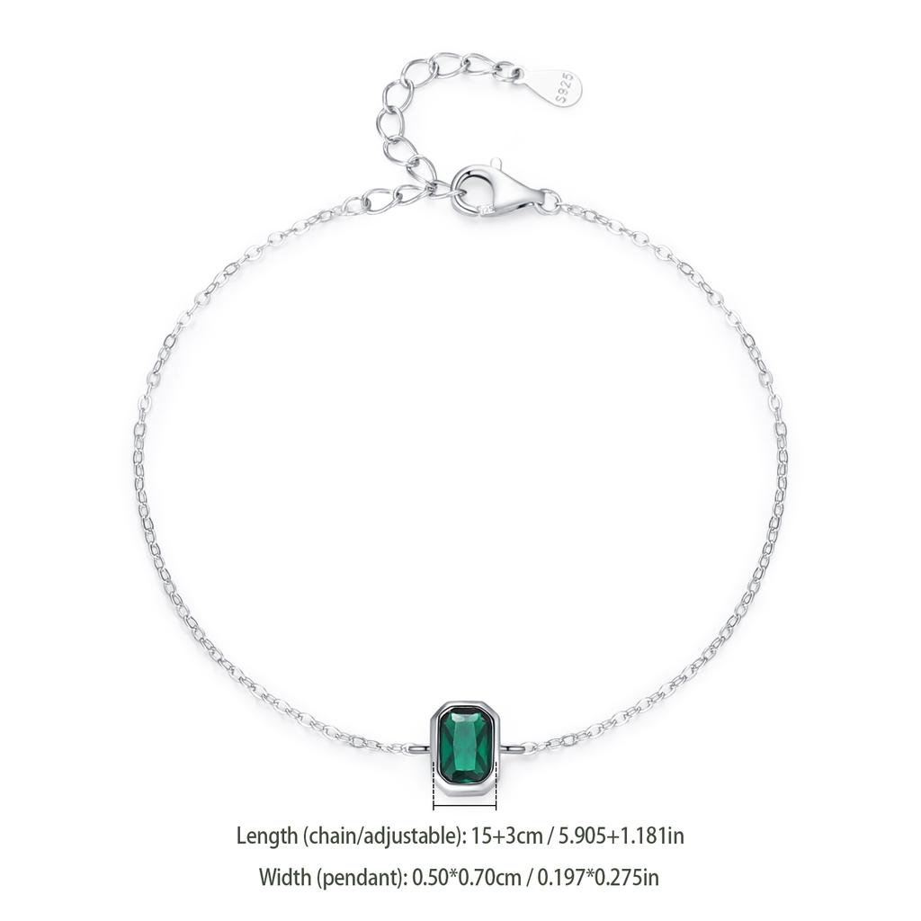 Ailmay 925 Sterling Silver Vintage Green Rectangular Zircon Chain Bracelet for Women Engagement Wedding Anniversary Gift