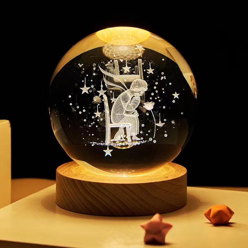 Crystal Ball With Wood Stand Laser Engraved 6CM Glass LED Crystal Ball Souvenir Gifts Home Decor Star Moon Night Light