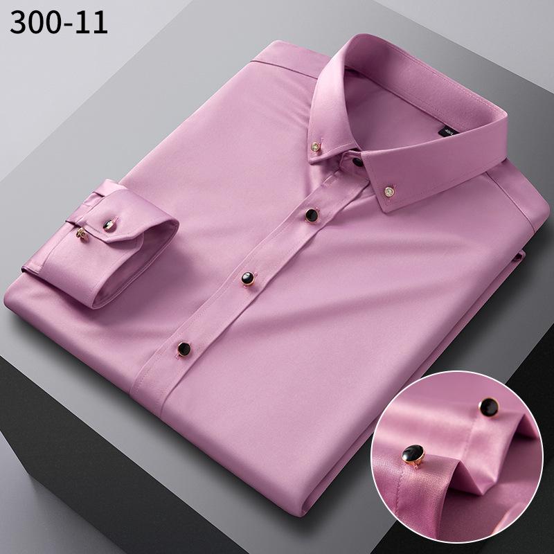 Trendy Iron-Free Slim Fit Mulberry Silk Shirt with Rhinestone Buttons and Turn-Down Collar
