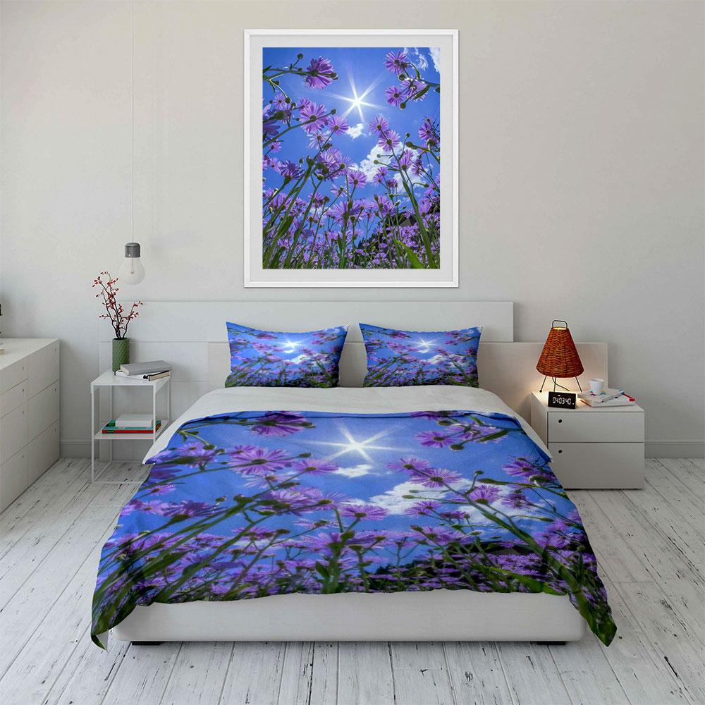 Purple Flower Field Decorative Set Bedding Set With 1 Duvet Cover 2 Pillowcases Single Double King Queen, Gift