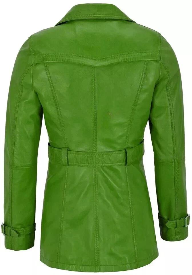 Lambskin Genuine Leather Casual Soft Fit Women Trench Coat Stylish Green Handmade