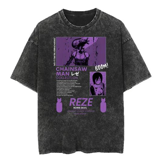 Kettensägenmann Power Blutdämon Anime T-Shirt 2026 Sommer Vintage Gewaschen Unisex Baumwolle Lockere Passform Kurzarm Streetwear Grafik