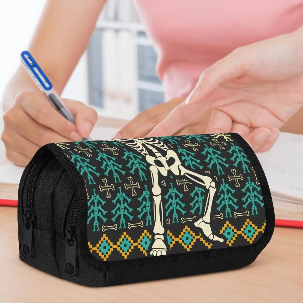 1pc Double Layer Flip Pencil Case - Skeleton Dance, Spacious And Portable Polyester Pen Storage Bag with Zipper, Perfect for Organizing School And Off