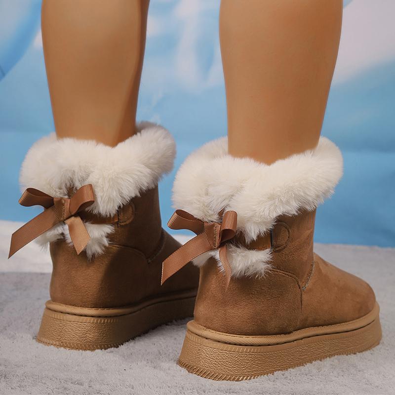 Fashion Winter Faux Suede Women Fluffy Snow Boots Warm Plush Platform Ankle Booties Woman Bow Slip On Cotton Boots 36-42