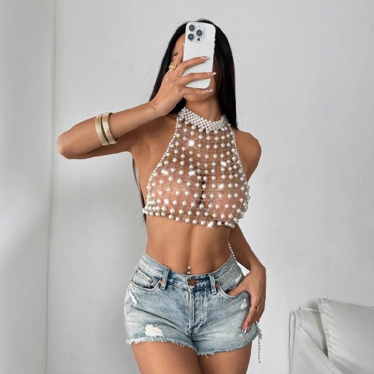 Pearls Body Chain Bra Multilayer Pearls Chest Chain Body Accessories Jewelry for Women Nightclub Raves Body Jewelry