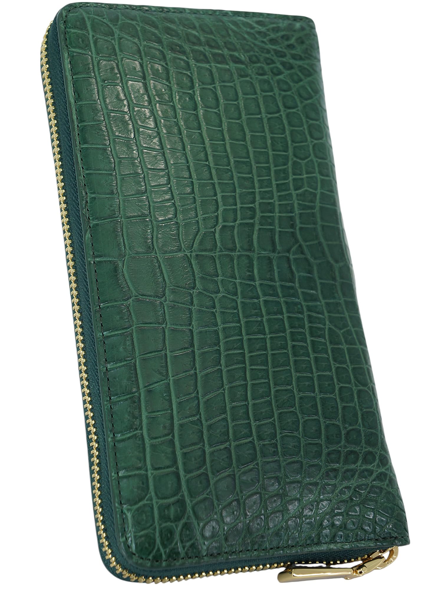 

Green Matte Crocodile Leather Long Wallet for Men and Women, Authentic Alligator Leather, Single Piece, Unmatched Design, Gold Round Zipper, Coin
