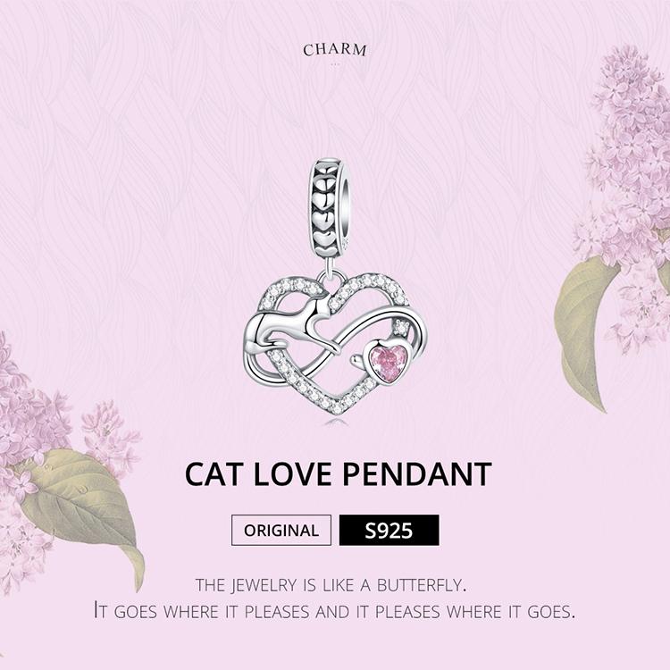 WOSTU 925 Sterling Silver Cute Heart Cat Pendant Charm Beaded for Women Fit Original DIY Bracelet Necklace Jewelry Gift