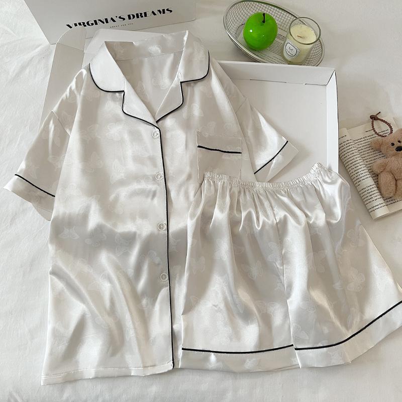 Butterfly Jacquard Wind Ice Silk Solid Color Simple Pajamas Women'S Summer Luxury Short-Sleeved Suit