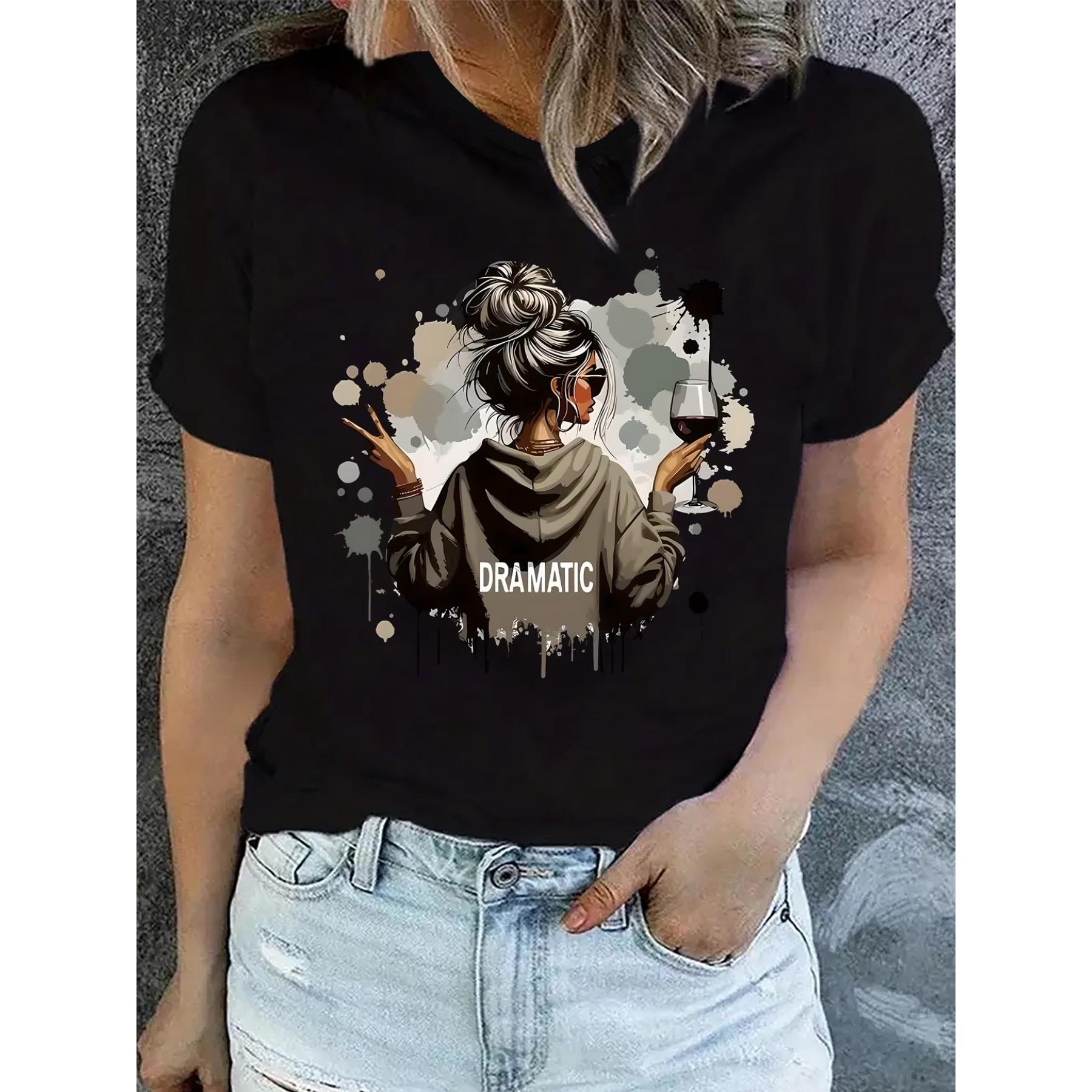 

Женская повседневная футболка с драматичным художественным принтом - Короткий рукав, Круглый вырез, Слегка эластичная трикотажная ткань, Обычный крой, Удобный топ для всех сезонов S чёрный