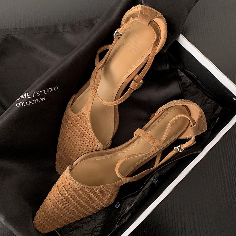 Square Head Thin Heel Side Air Medium Heel Sexy Rear Empty Leather Bag Head Sandals Spring 2025 New Fashion Women's Shoes