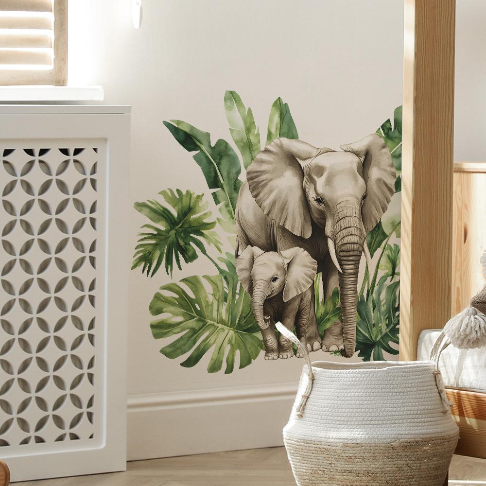 2 Pcs Jungle Leaf Parent Baby Elephant Bedroom Living Room Home Background Beautification Wall Stickers