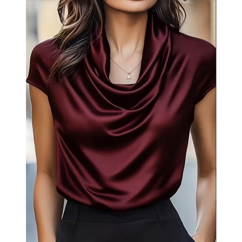 2026 Spring Autumn Office Draped Collar Flowy Short-Sleeve Blouse - Stylish Elegant Versatile 100% Polyester Women's Shirt