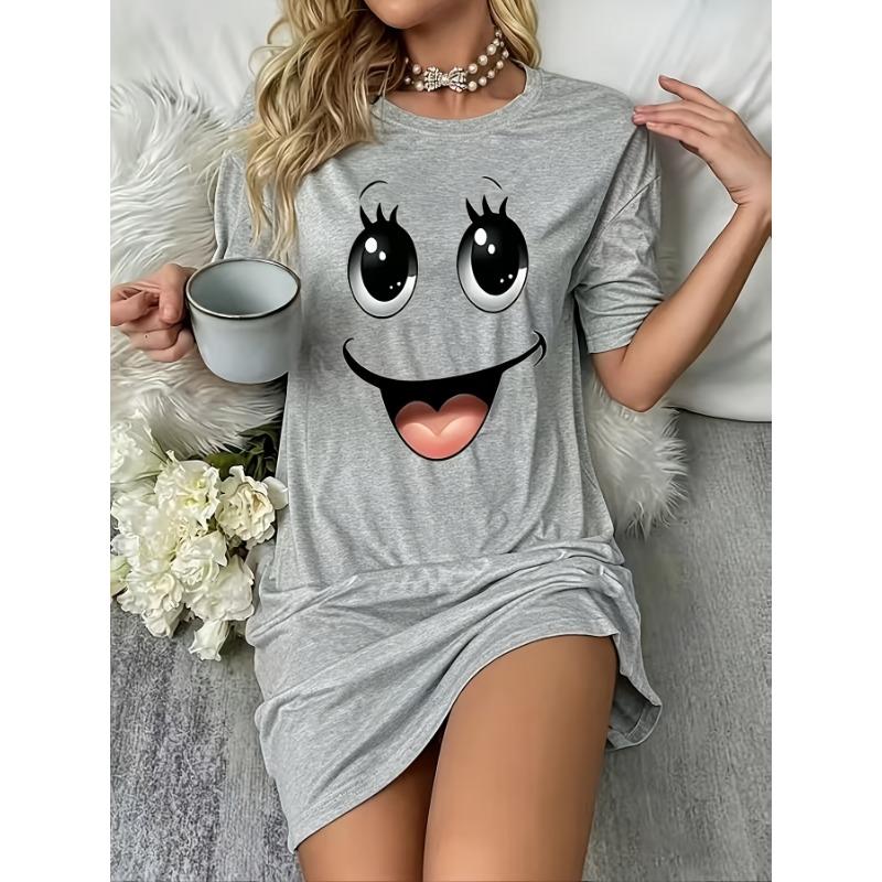 T-shirt Robe de Nuit Imprimé Visage Souriant aux Grands Yeux Dessin Animé pour Femme, Col Rond Manches Courtes Décontracté Vêtement d'Intérieur Robe de Nuit