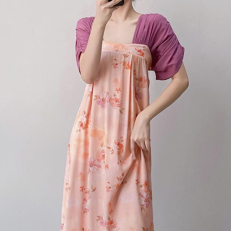 Women's nightgown thin short-sleeved printing light luxury simple breathable casual loungewear long skirt can be worn outside
