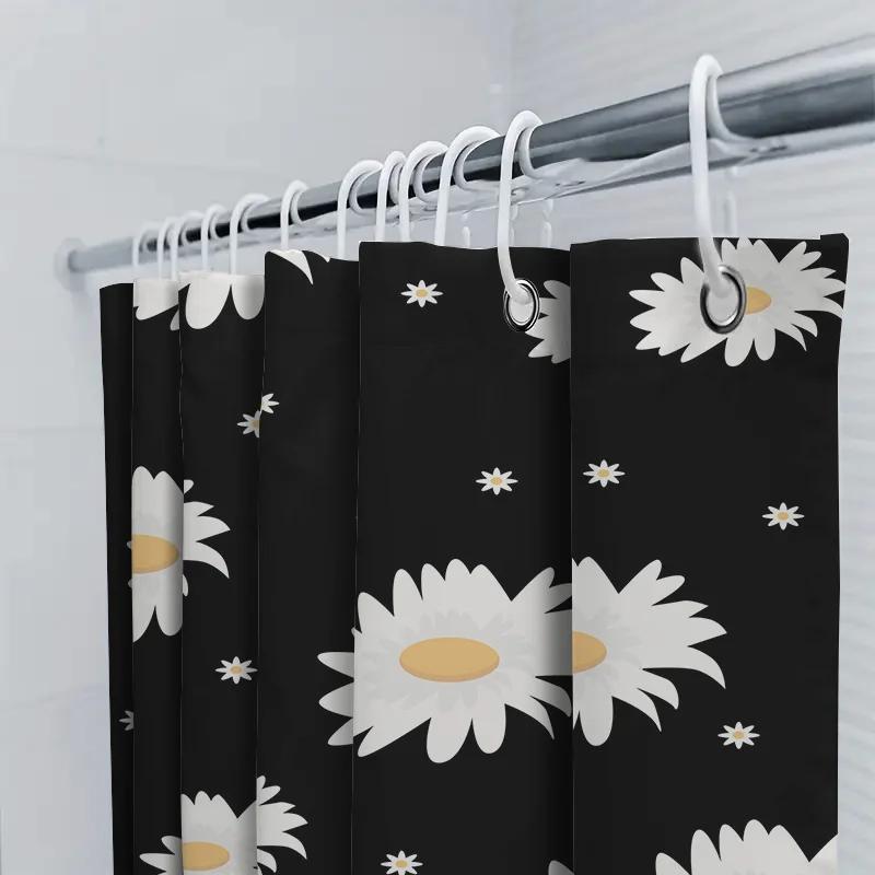 Bathroom Decor Shower Curtain Waterproof Printing White Daisies Black Background Decorative Bathtub Cover Water Repellent Home A