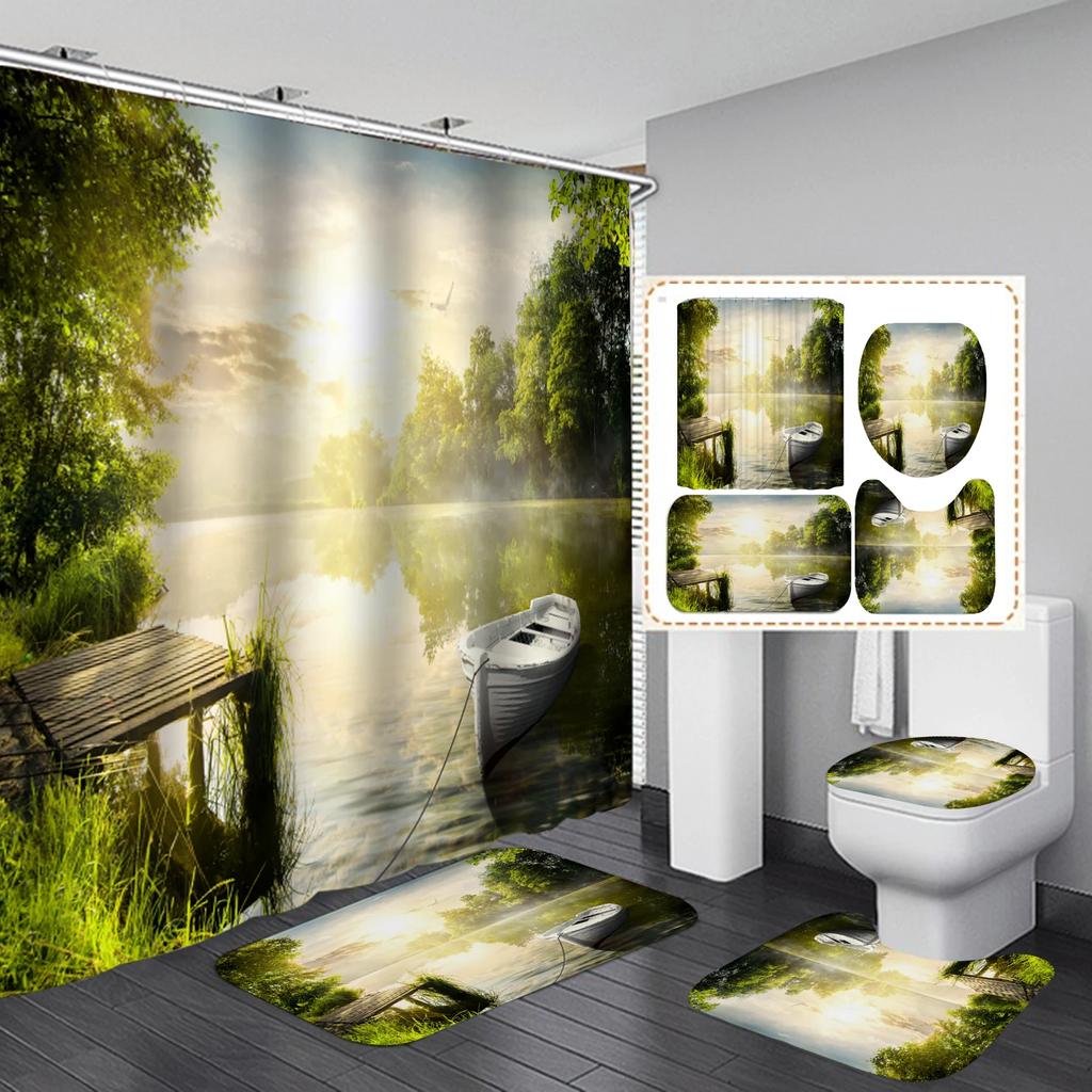 3D Dusk Beach Coconut Tree Waterproof Shower Curtains Purple Polyester Bathroom Sets Toliet Lid Cover Non-Slip Bath Mat Carpet
