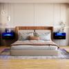 Wall-mounted Bedside Table with Lights 3-Tier 2AC/2USB with Drawer Wood Bedside Multifunctional Cabinet Tempered Glass Top Shelf