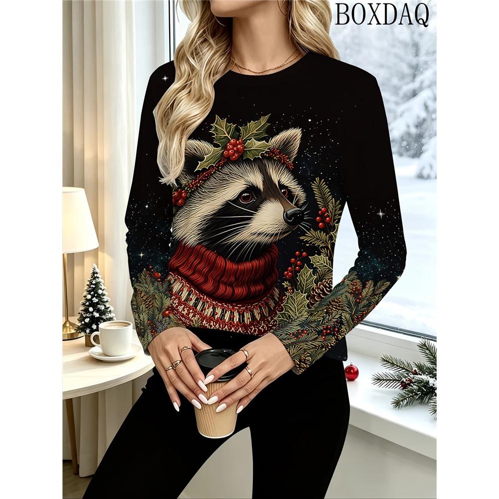 Women's Christmas Fox Cute Animals Print T-Shirt O-Neck Long Sleeve Autumn Casual  T-Shirts Loose Fashionable Women's Clothing
