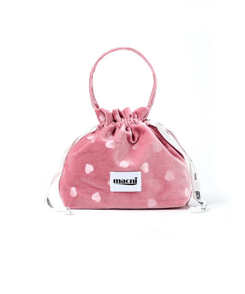 Macni Heart Velvet String Pouch Bag Pink