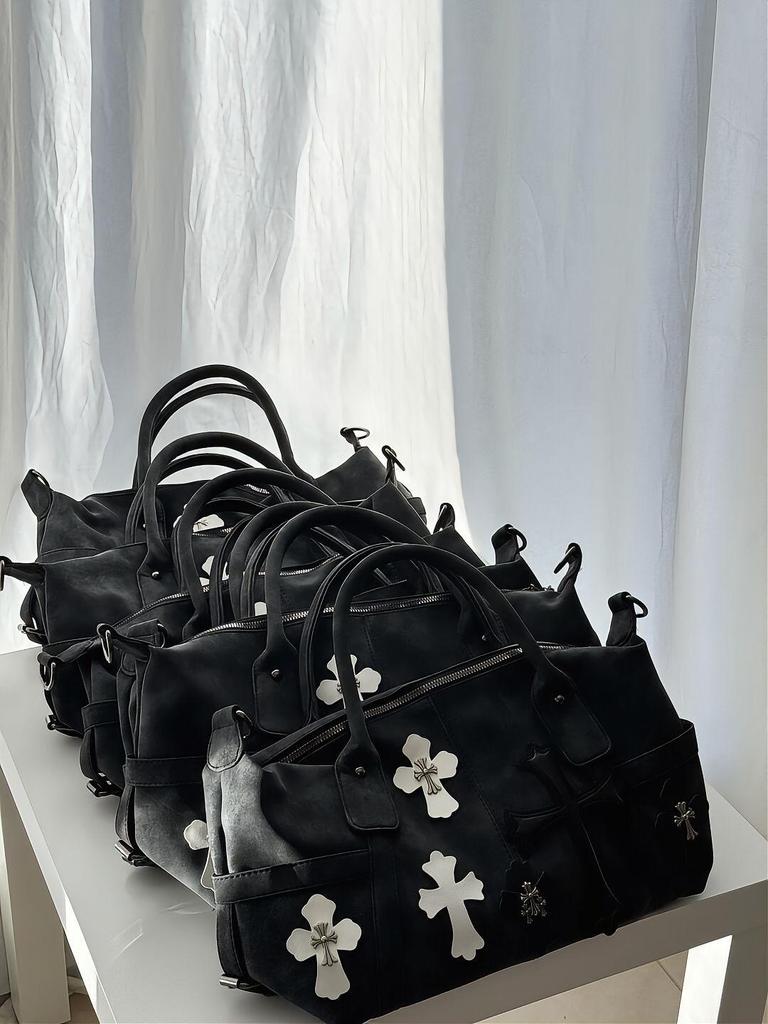 2025 Little Red Book Chrome Hearts Black & White Patchwork Travel Bag with Roman Metal Cross Shoulder Strap