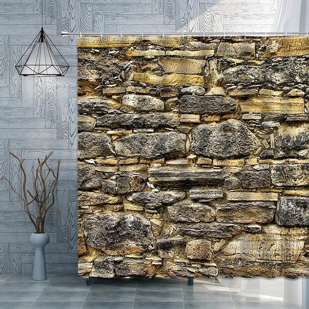 Brick Stone Wall Shower Curtain Vintage American Country Retro Printing Pattern Garden Background Screens Custom Bathroom Decor