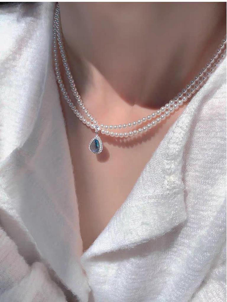 Shi Jia Lux Double-Layer Aquamarine Pearl Choker - French Design Necklace